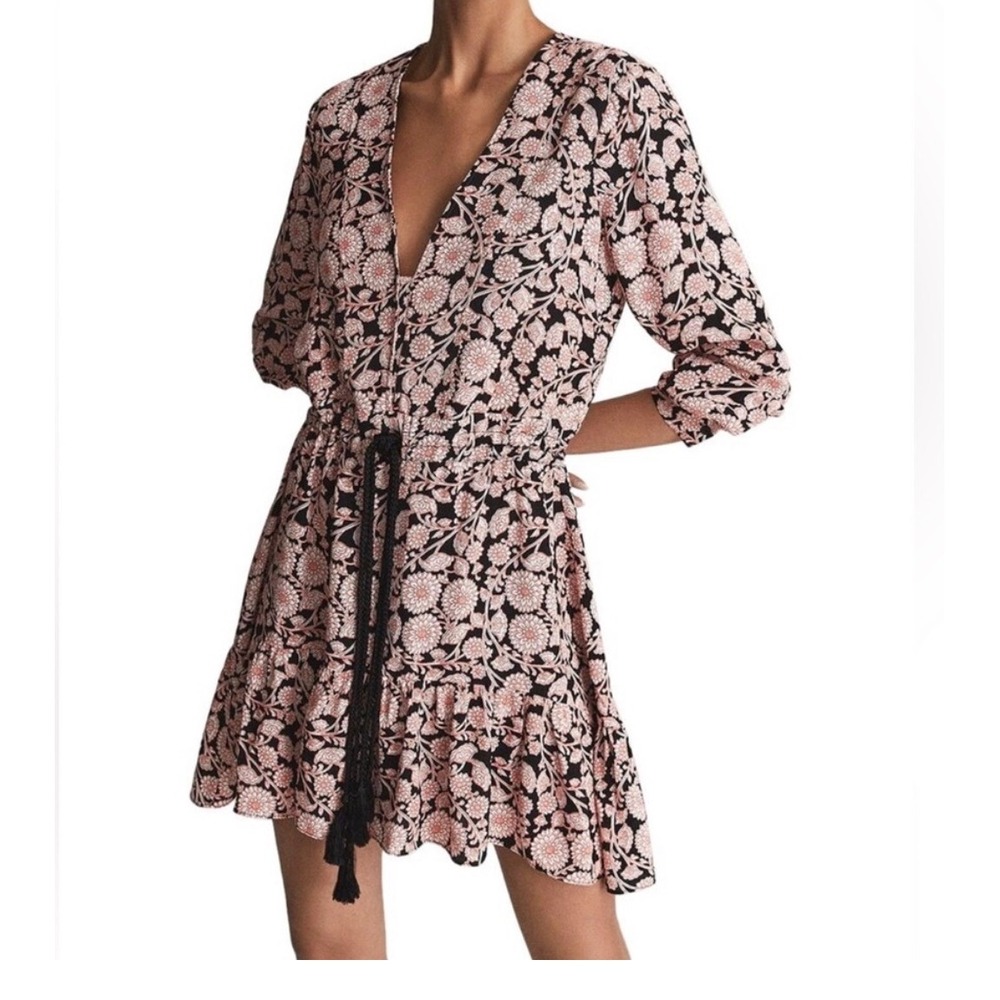 Reiss Mini Dress Size 8 Pink Floral Botanical Tassel Boho‎ Garden Party Romantic